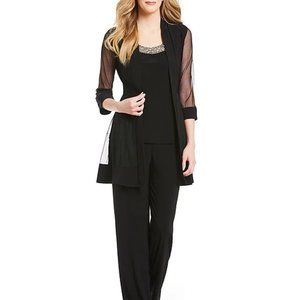 Beaded Pantsuit Set 12P Petite Black Top Sheer Jacket  R & M Richards NWT